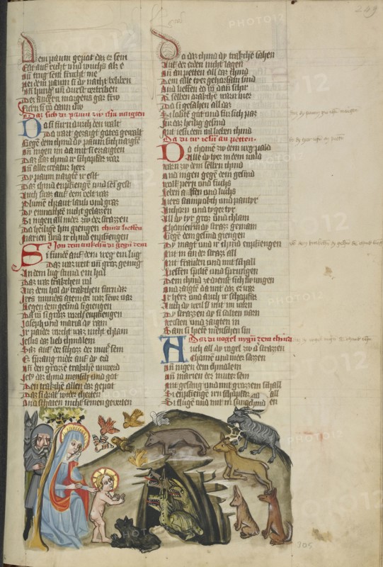 The Animals Recognize Jesus; Regensburg, Bavaria, Germany; about 1400 - 1410; Tempera colors, gold, silver paint, and ink