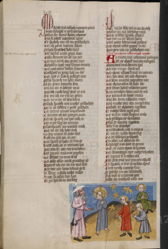 Jesus Making Birds from Clay; Regensburg, Bavaria, Germany; about 1400 - 1410; Tempera colors, gold, silver paint, and ink
