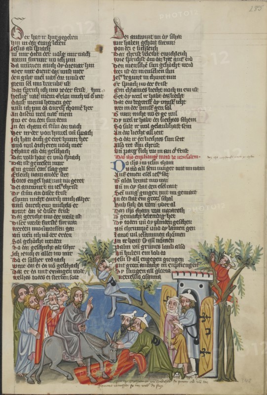 The Entry into Jerusalem; Regensburg, Bavaria, Germany; about 1400 - 1410; Tempera colors, gold, silver paint, and ink