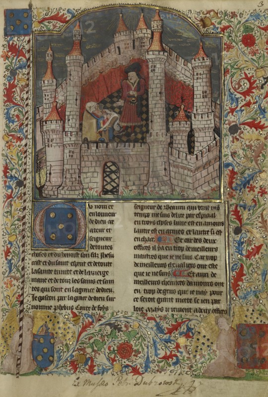 Gaston Phébus, Count of Foix, Dictating to a Scribe; Brittany, France; about 1430 - 1440; Tempera colors, gold paint, silver
