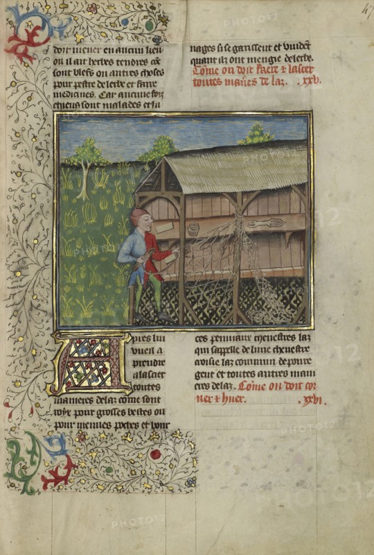 Hunters Making Snares; Brittany, France; about 1430 - 1440; Tempera colors, gold paint, silver paint, and gold leaf on parchment