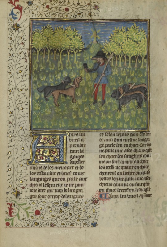A Hunter Training Dogs to Respond to the Call of the Horn; Brittany, France; about 1430 - 1440; Tempera colors, gold paint