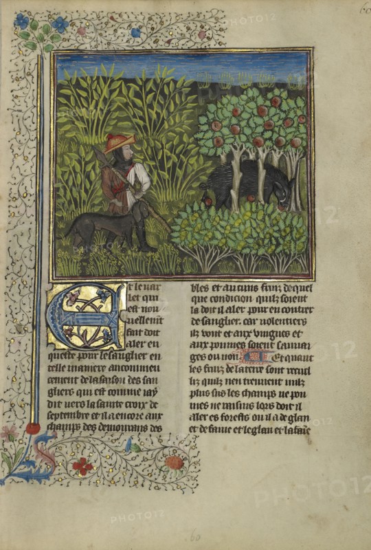 A Hunter and a Dog Tracking a Wild Boar; Brittany, France; about 1430 - 1440; Tempera colors, gold paint, silver paint, and gold