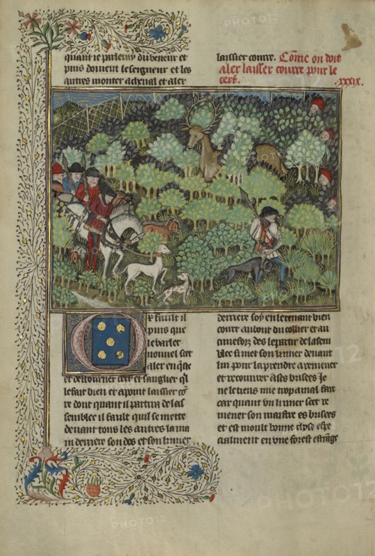 Hunters Pursuing a Deer; Brittany, France; about 1430 - 1440; Tempera colors, gold paint, silver paint, and gold leaf on