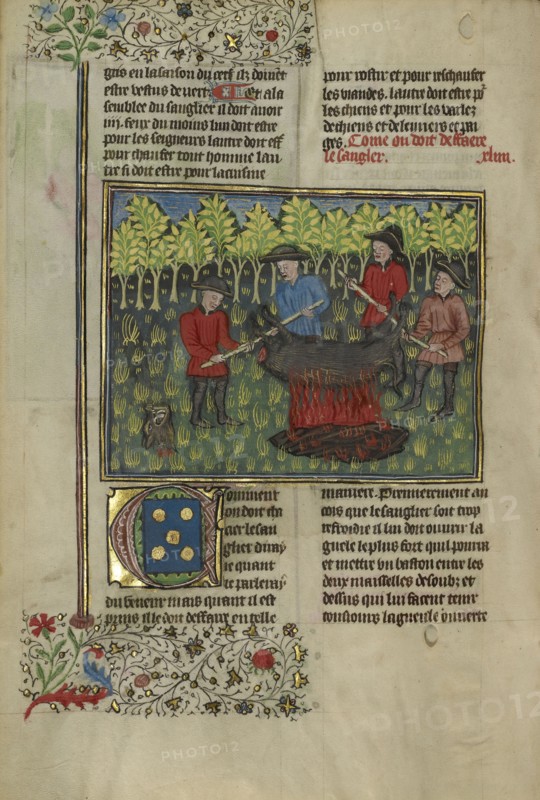 Hunters Dismembering a Boar's Carcass; Brittany, France; about 1430 - 1440; Tempera colors, gold paint, silver paint, and gold