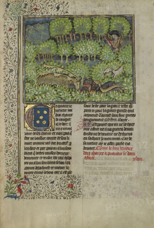 A Hunter and Dogs Pursuing Reindeer; Brittany, France; about 1430 - 1440; Tempera colors, gold paint, silver paint, and gold