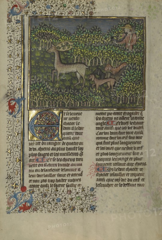 A Hunter and Dogs Pursuing a Fallow Deer; Brittany, France; about 1430 - 1440; Tempera colors, gold paint, silver paint