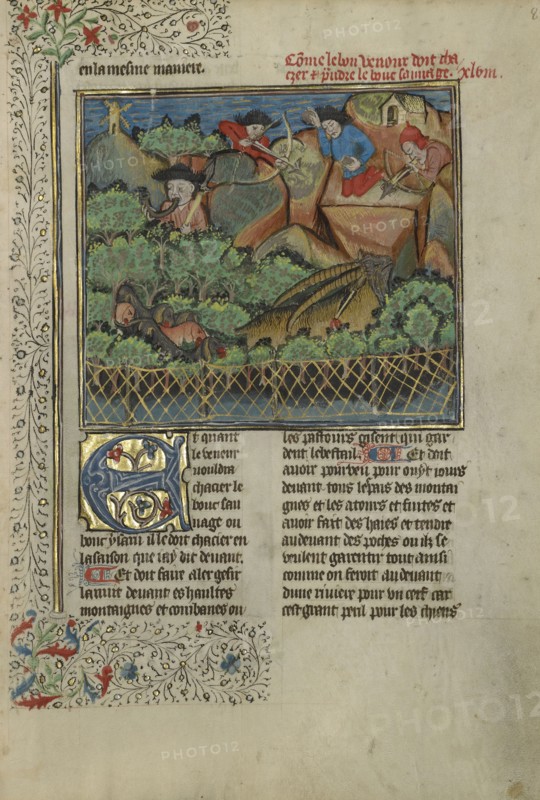 A Hunter and Dogs Pursuing Wild Goats; Brittany, France; about 1430 - 1440; Tempera colors, gold paint, silver paint, and gold