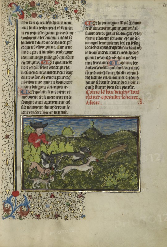 A Hunter and Dogs Pursuing a Hare; Brittany, France; about 1430 - 1440; Tempera colors, gold paint, silver paint, and gold leaf