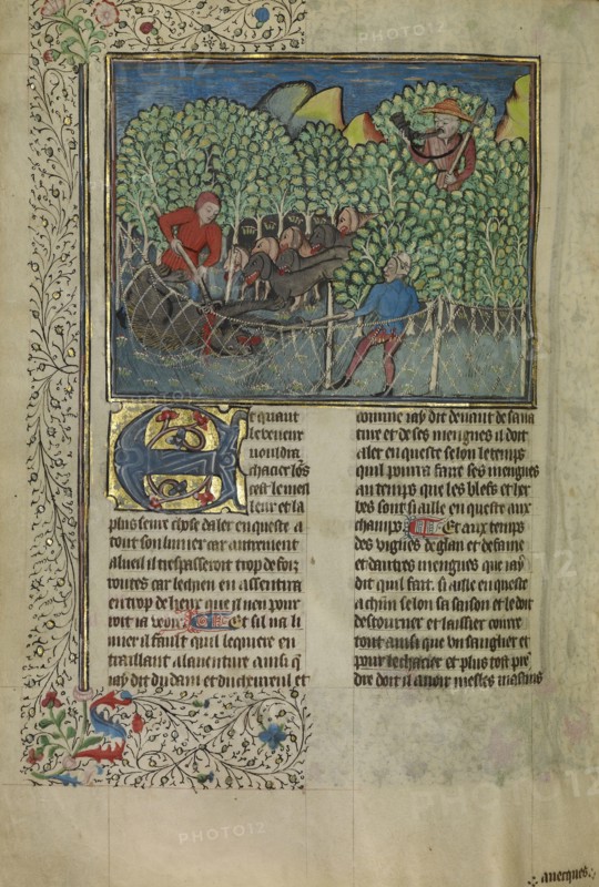Hunters and Dogs Capturing a Bear; Brittany, France; about 1430 - 1440; Tempera colors, gold paint, silver paint, and gold leaf