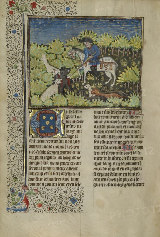 A Hunter and Dogs Killing a Wild Boar; Brittany, France; about 1430 - 1440; Tempera colors, gold paint, silver paint, and gold