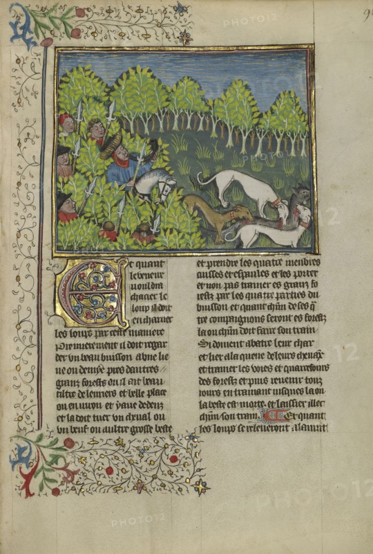 Hunters and Dogs Killing a Wolf; Brittany, France; about 1430 - 1440; Tempera colors, gold paint, silver paint, and gold leaf on