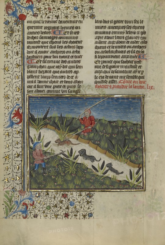 A Hunter and Dogs Attacking an Otter; Brittany, France; about 1430 - 1440; Tempera colors, gold paint, silver paint, and gold