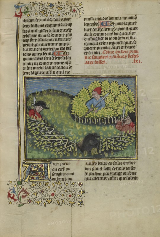 Hunters Driving a Wild Boar into a Pit; Brittany, France; about 1430 - 1440; Tempera colors, gold paint, silver paint, and gold