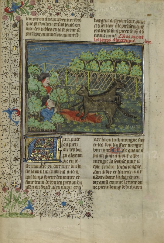Hunters Attracting Wolves with Carrion; Brittany, France; about 1430 - 1440; Tempera colors, gold paint, silver paint, and gold