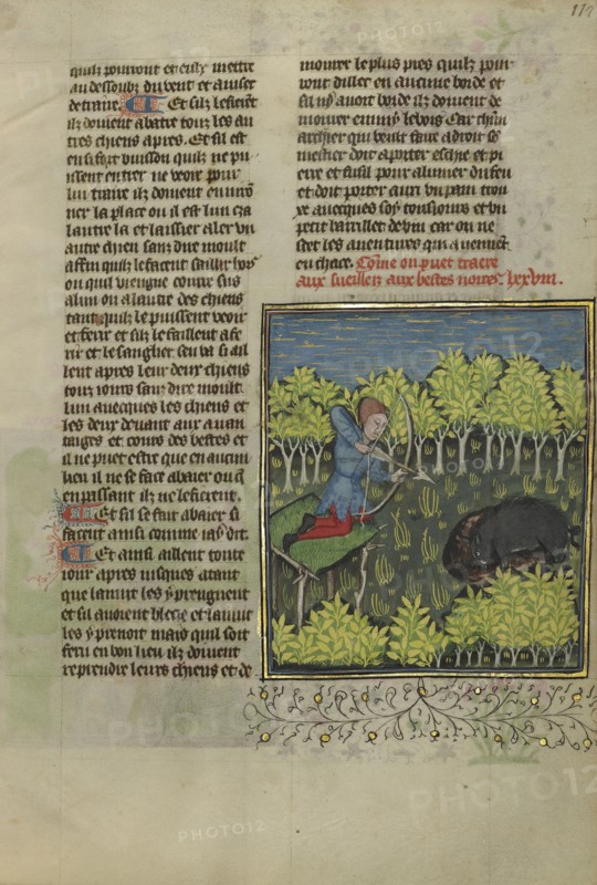 An Archer on a Platform Shooting at a Wallowing Wild Boar; Brittany, France; about 1430 - 1440; Tempera colors, gold paint