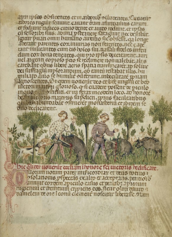 Aimo and Vermondo Killing Two Wild Boars; Attributed to Anovelo da Imbonate, Italian, Lombard, active about 1400, Milan