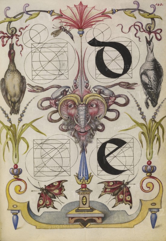 Guide for Constructing the Letters d and e; Joris Hoefnagel, Flemish , Hungarian, 1542 - 1600, Vienna, Austria; about 1591