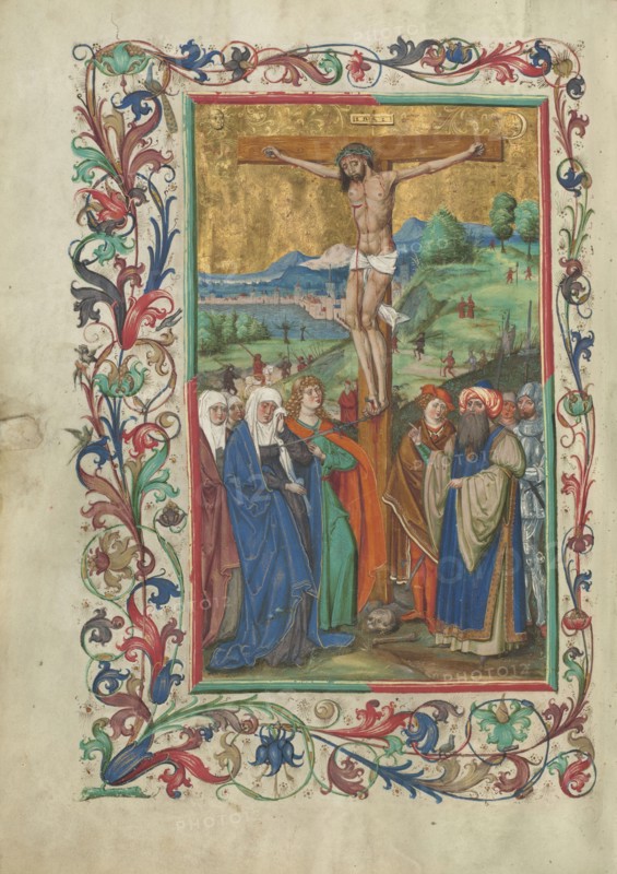 The Crucifixion; Westphalia, Germany; about 1500 - 1505; Tempera colors, gold paint, and ink on parchment; Leaf: 38.7 × 27.9 cm