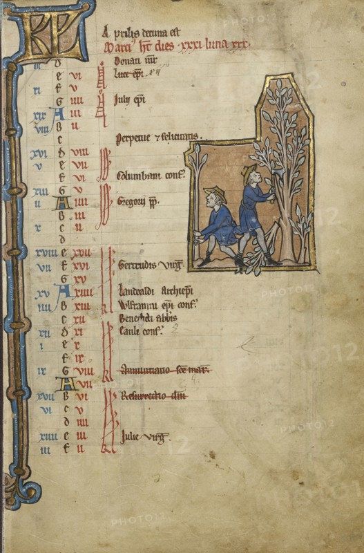 Men Pruning Trees; Bruges, possibly, Belgium; mid-1200s; Tempera colors, gold leaf, and ink on parchment; Leaf: 23.5 x 16.5 cm