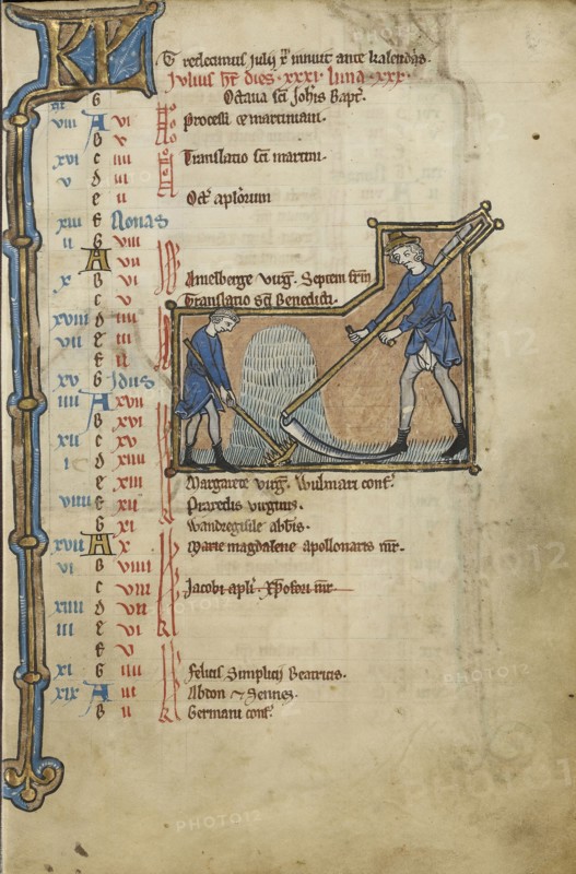 Men Mowing; Bruges, possibly, Belgium; mid-1200s; Tempera colors, gold leaf, and ink on parchment; Leaf: 23.5 x 16.5 cm