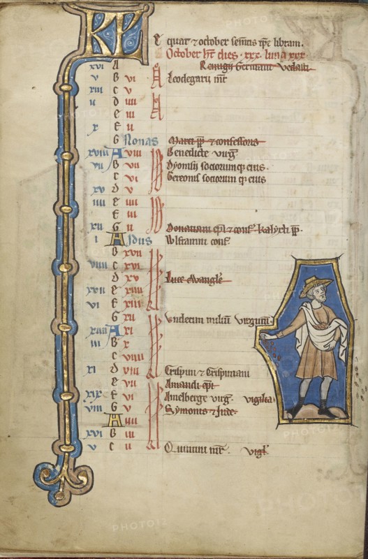 A Man Sowing; Bruges, possibly, Belgium; mid-1200s; Tempera colors, gold leaf, and ink on parchment; Leaf: 23.5 x 16.5 cm