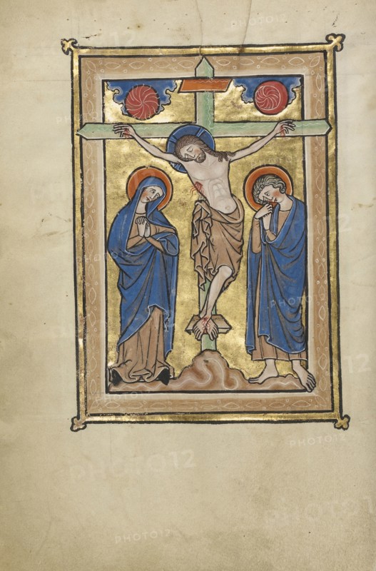 The Crucifixion; Bruges, possibly, Belgium; mid-1200s; Tempera colors, gold leaf, and ink on parchment; Leaf: 23.5 x 16.5 cm