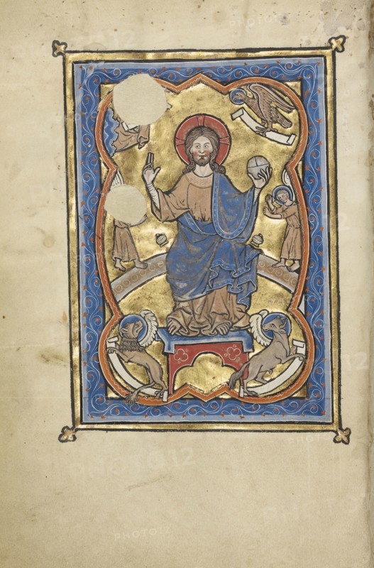 Christ in Majesty Surrounded by the Symbols of the Four Evangelists; Bruges, possibly, Belgium; mid-1200s; Tempera colors, gold
