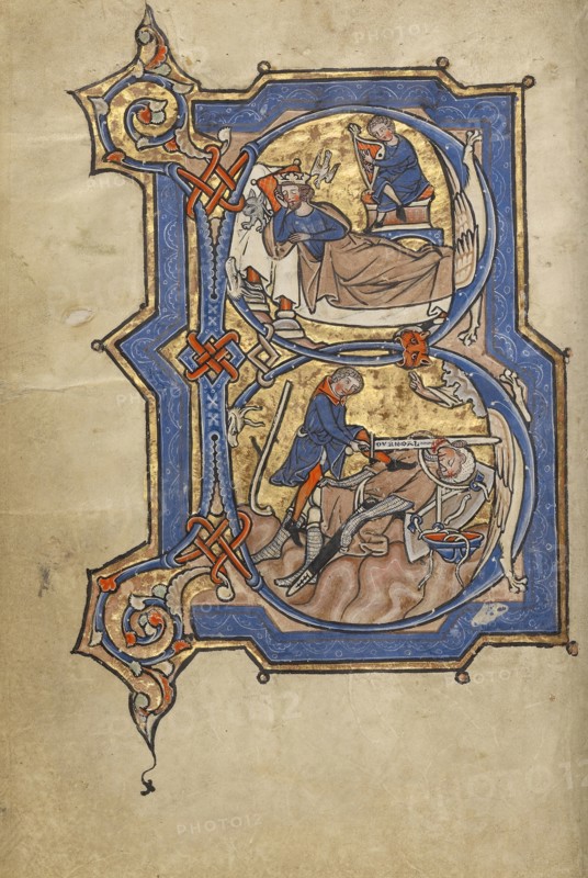 Initial B: David Playing the Harp for Saul and David and Goliath; Bruges, possibly, Belgium; mid-1200s; Tempera colors, gold
