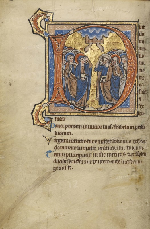 Initial D: The Ascension; Bruges, possibly, Belgium; mid-1200s; Tempera colors, gold leaf, and ink on parchment; Leaf