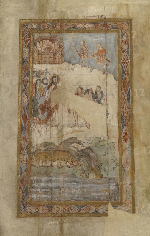 The Miracle of the Gadarene Swine; Canterbury, ?, England; about 1000; Tempera colors, gold leaf, and ink on parchment; Leaf