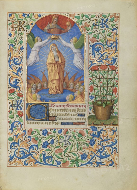 The Coronation of the Virgin; Jean Bourdichon, French, 1457 - 1521, Tours, France; about 1480–1485; Tempera colors, gold