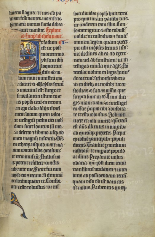 Initial E: The Death of Moses; Lille, probably, France; about 1270; Tempera colors, black ink, and gold leaf on parchment; Leaf