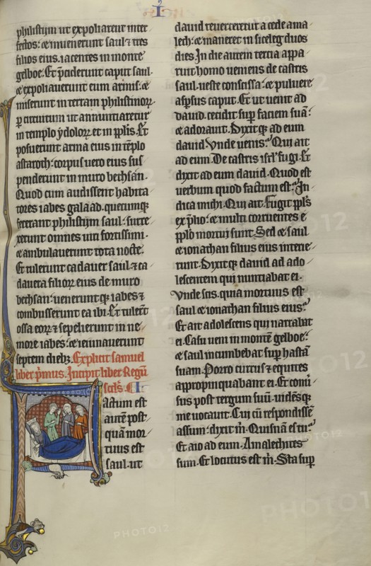 Initial F: David and the Daughters of Israel Lamenting to Saul and Jonathan; Lille, probably, France; about 1270; Tempera