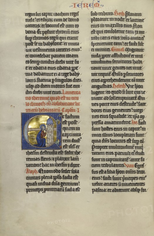 Initial E: Jeremiah Lamenting Jerusalem; Lille, probably, France; about 1270; Tempera colors, black ink, and gold leaf