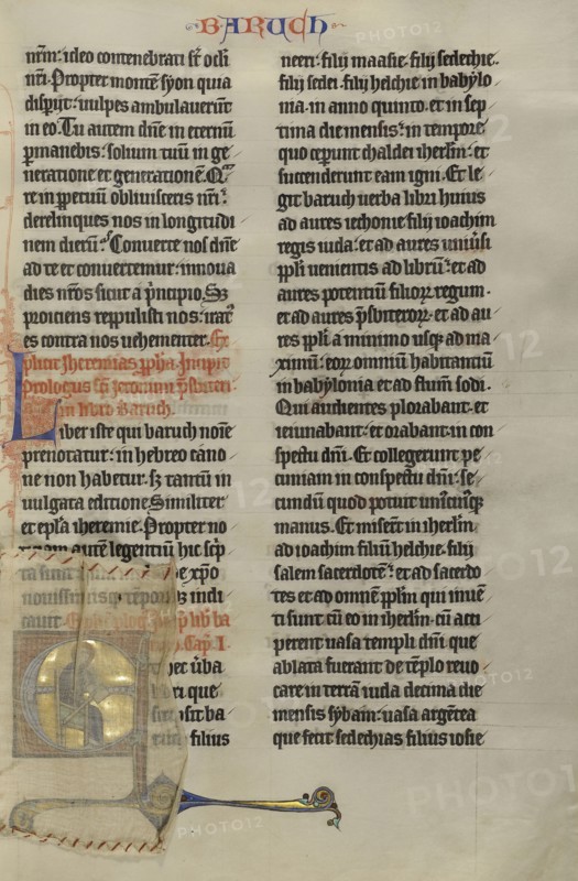 Initial E: Baruch; Lille, probably, France; about 1270; Tempera colors, black ink, and gold leaf on parchment; Leaf