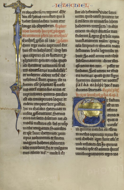 Initial E: Ezekiel's Vision of the Tetramorph; Lille, probably, France; about 1270; Tempera colors, black ink, and gold leaf