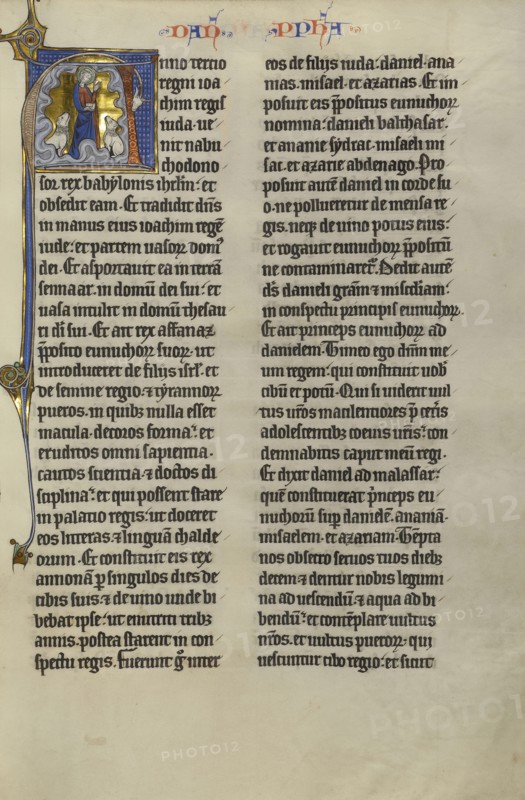 Initial A: Daniel in the Lions' Den; Lille, probably, France; about 1270; Tempera colors, black ink, and gold leaf on parchment