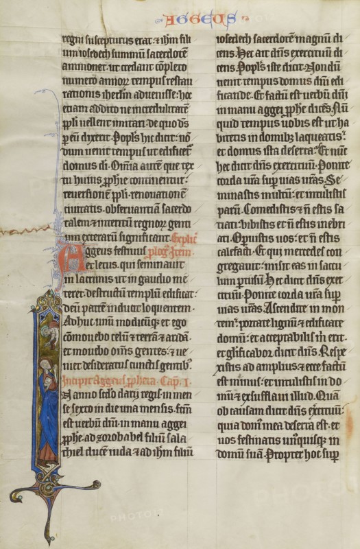 Initial I: God Speaking to Haggai; Lille, probably, France; about 1270; Tempera colors, black ink, and gold leaf on parchment