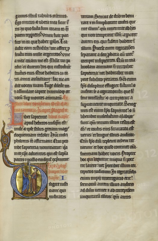 Initial D: Solomon Giving a Sword to a Young Man; Lille, probably, France; about 1270; Tempera colors, black ink, and gold leaf