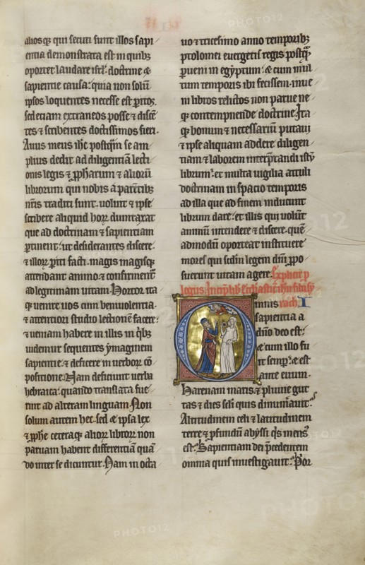 Initial O: A Prophet Instructing a Woman with a Mirror; Lille, probably, France; about 1270; Tempera colors, black ink