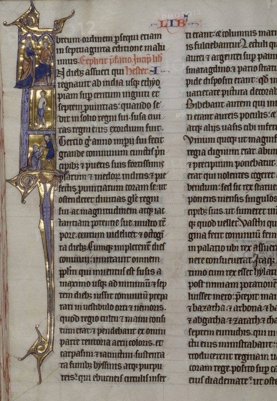 Initial I: Scenes from the Life of Esther; Lille, probably, France; about 1270; Tempera colors, black ink, and gold leaf