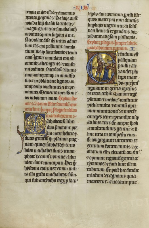 Initial E: Mattathias Killing Jews; Lille, probably, France; about 1270; Tempera colors, black ink, and gold leaf on parchment