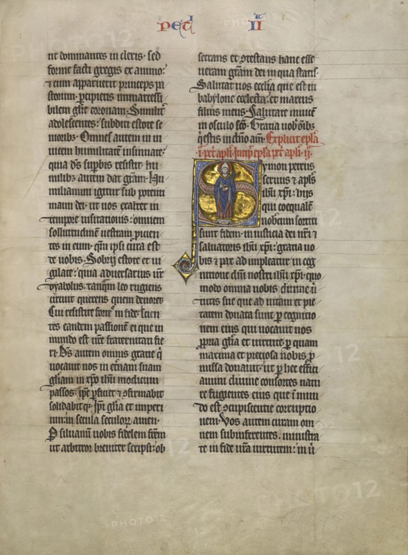 Initial S: Saint Peter with a Key; Lille, France; about 1260 - 1270; Tempera, gold leaf, and pen and black ink on parchment