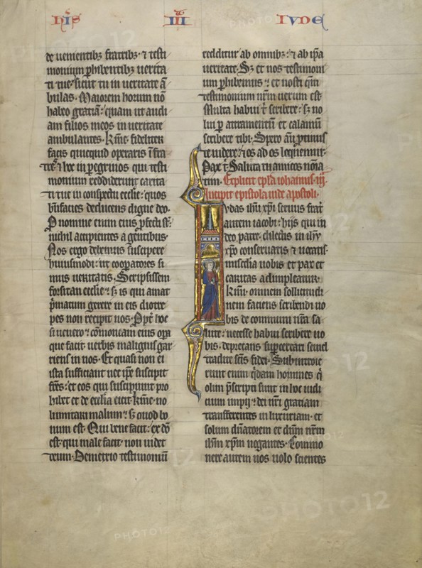 Initial J: Saint Jude with a Book; Lille, France; about 1260 - 1270; Tempera, gold leaf, and pen and black ink on parchment