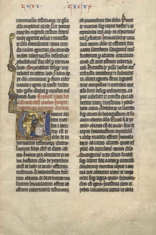 Initial V: Moses Sacrificing a Lamb; Lille, France; about 1260 - 1270; Tempera colors, gold leaf, and red ink on parchment; Leaf