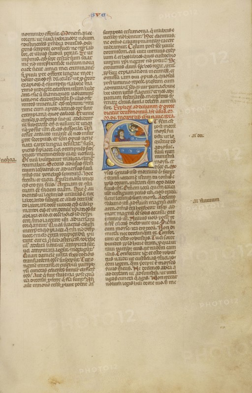 Initial E: The Death of Moses; Bologna, Emilia-Romagna, Italy; about 1280 - 1290; Tempera colors, gold leaf, and ink