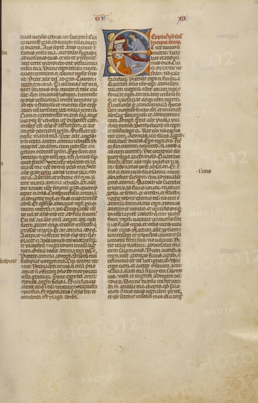 Initial E: Abishag before David on his Deathbed; Bologna, Emilia-Romagna, Italy; about 1280 - 1290; Tempera colors, gold leaf