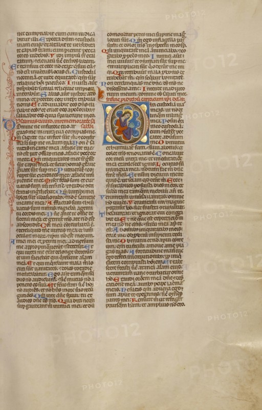 Initial D: David Reading the Psalms; Bologna, Emilia-Romagna, Italy; about 1280 - 1290; Tempera colors, gold leaf, and ink