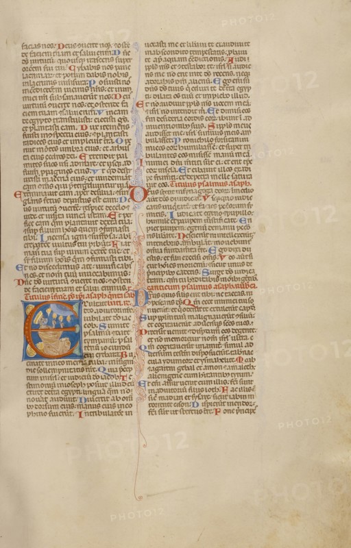 Initial E: David Playing the Bells; Bologna, Emilia-Romagna, Italy; about 1280 - 1290; Tempera colors, gold leaf, and ink